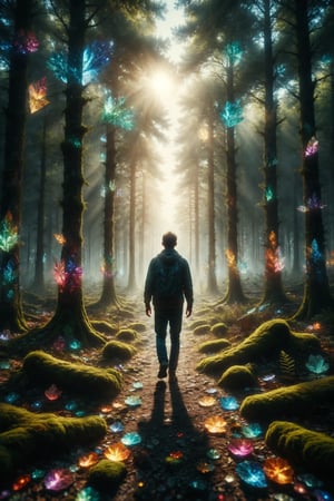 Generate an image of a person walking through a forest where the trees are made of crystal. The sunlight filtering through the crystal branches creates a kaleidoscope of colors on the forest floor.