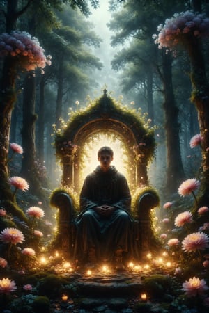 Generate an image of a person sitting on a throne made of glowing flowers in a magical forest.