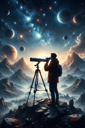 Create an illustration of a person looking through a telescope on top of a mountain, observing planets and galaxies in a clear sky.