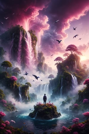 Create an image of a person standing on a floating island in the sky, with a cascading waterfall that falls into the clouds below. Surround the island with flying fish and colorful birds. The sky should be a gradient of pink and purple hues, giving a magical atmosphere.