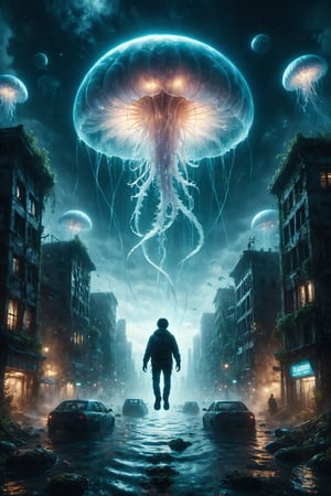Create an illustration of a person riding a giant, translucent jellyfish through an underwater city. The city should be illuminated by bioluminescent plants and creatures, giving a surreal and dreamlike appearance.