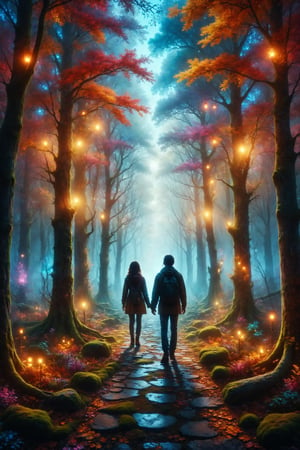 Design a scene of a person walking through an enchanted forest where the trees have bright colored lights instead of leaves.