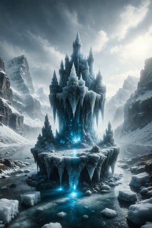 Generate an image of an ice castle suspended in the air, with cascading crystal-clear water falling towards a snowy valley.