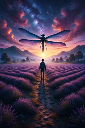 Design an illustration of a person riding a giant, glowing dragonfly over a field of lavender at twilight. The lavender fields stretch out into the horizon, and the sky is a deep, rich indigo with the first stars starting to appear.