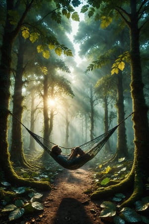 Design a scene of a person resting in a hammock made of glass leaves, hung between two giant trees in a luminous forest.