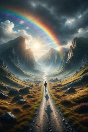 Create an image of a person walking on a rainbow stretching between two mountains under a clear sky.