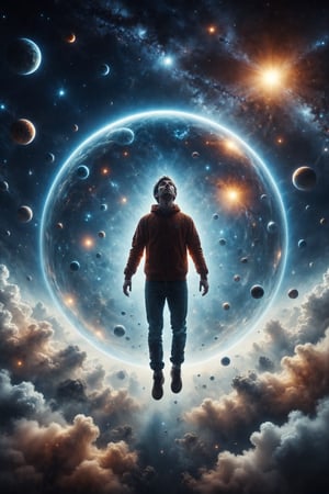 Create an image of a person floating in a bubble in the middle of a star-filled sky. Around them, planets and constellations shine brightly, creating a cosmic atmosphere.