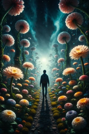 Design a scene of a person walking through a garden of giant flowers that glow in the dark.
