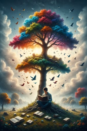 Create an illustration of a person reading a book under a tree that grows on a cloud, with colorful birds flying around.