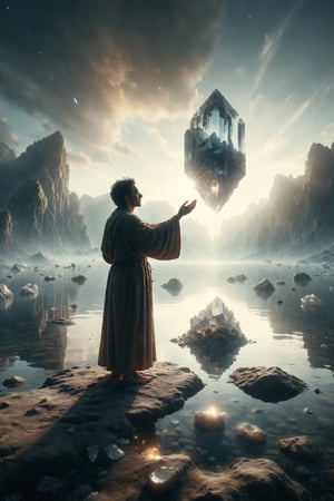Create a surreal landscape where giant, floating crystals hover above a tranquil lake. A person in a flowing robe stands on the shore, reaching out to touch the nearest crystal. The scene is bathed in a soft, otherworldly light.