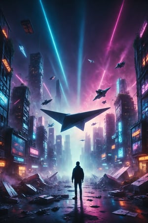 Design a scene of a person flying on a giant paper airplane over a futuristic city lit by neon lights.