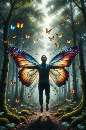 Generate an image of a person flying with butterfly wings over an enchanted forest.