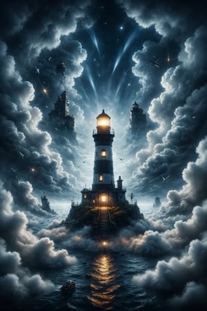 Create an illustration of a floating lighthouse in the middle of an ocean of clouds, with a light guiding flying ships in the night sky.