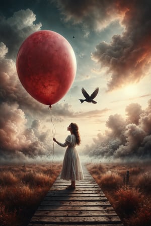 Create an image featuring an individual in a white dress with brown braided hair standing on tiptoe at the edge of an extended wooden plank, reaching for a solitary red balloon in an expansive sky filled with soft clouds. Include a black bird perched observantly on the plank, adding to the surrealism of the scene. Use pastel color tones to give an ethereal and dreamlike quality to the artwork.
