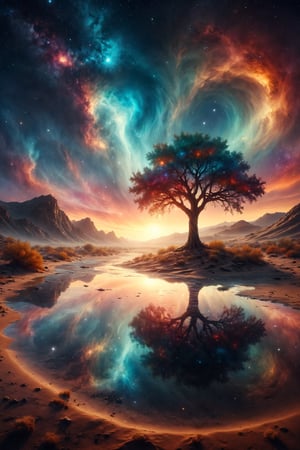 Design a scene of a lone tree standing in the middle of a vast, reflective desert. The sky is filled with swirling, colorful nebulae and stars. The tree's leaves are made of glass, shimmering in the cosmic light.