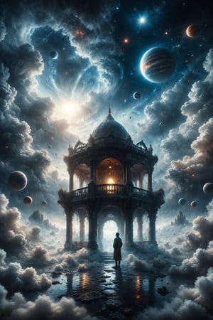 Create a scene showing a person standing on a balcony of a floating palace made of clouds. The palace is surrounded by a sky filled with stars and planets, giving it a celestial, otherworldly appearance.
