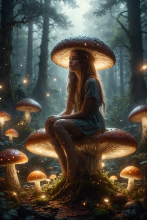 Design a scene where a girl with long, flowing hair sits on a giant, glowing mushroom in an enchanted forest. Fireflies light up the area, and there is a soft, misty fog enveloping the scene, creating a mystical mood.