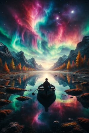 Create a scene of a person sitting in a boat on a calm, mirror-like lake under a sky filled with colorful auroras. The reflections on the water add to the dreamlike quality of the scene.