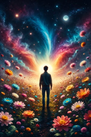 Generate an illustration of a person standing in a field of giant, luminescent flowers. Each flower emits a different color, creating a rainbow of light. The sky above is filled with shooting stars and a bright full moon.