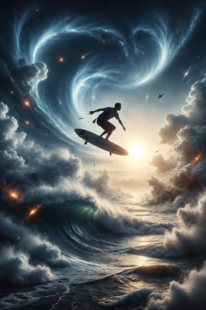 Design a scene of a person surfing on a wave of clouds in a sky filled with comets and shooting stars.