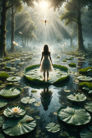 Generate an illustration of a person standing on a giant lily pad floating on a serene pond. Around the person, dragonflies with sparkling wings hover, and soft beams of sunlight filter through the trees surrounding the pond.