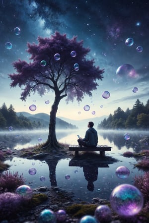 Generate an image capturing a person sitting on a floating park bench in the air, surrounded by giant bubbles. Each bubble should contain a small landscape of forest, beach, or mountain in miniature. The sky should be tinged with purple and blue tones, with stars and constellations shining faintly.