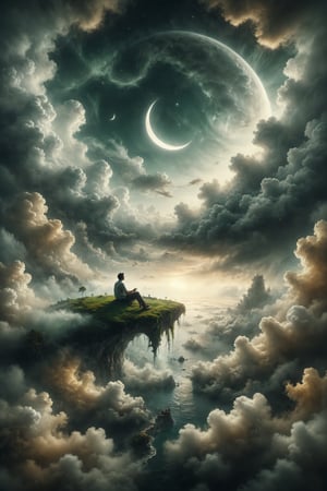 Create a surreal scene where a person is sitting on a crescent moon, gently swinging back and forth. Below, a sea of clouds stretches out, with occasional islands of green and gold peeking through.