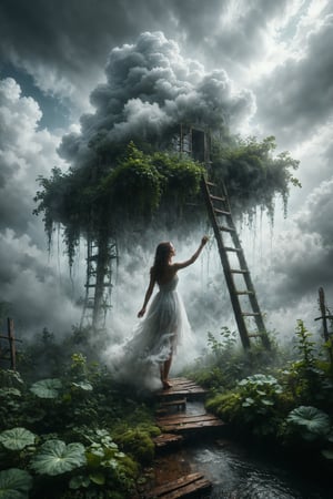 Create an ethereal scene featuring an individual in a white dress standing atop a voluminous cloud, tenderly watering lush greenery on another cloud beneath with clear water cascading down like rain. Include details such as the wooden ladder leading up to the clouds, capturing the soft grey misty background that enhances this surreal atmosphere.
