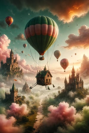 Design a scene depicting a child with a green top hat, flying on a swing suspended from a huge hot air balloon. The sky should be tinged with pink and orange tones of sunset, with small golden clouds floating around. In the distance, a floating castle among the clouds should be visible, with flags gently waving.