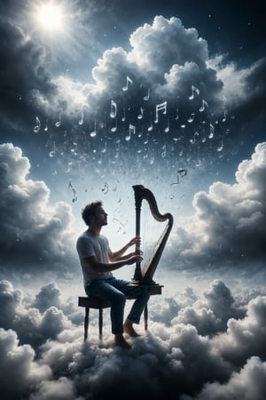 Generate an image of a person sitting on a cloud, playing a crystal harp. Around them, small cloud-shaped musical notes float in the air.