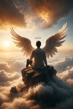Generate an image showing a person with angel wings, sitting on the edge of a cliff overlooking a sea of clouds. The clouds are softly illuminated by the golden light of dawn, and a distant mountain range is visible in the background.