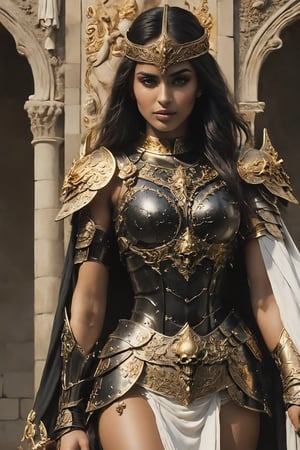 A stunning Middle Eastern supermodel, 22 years old, stands tall in a full-body view, her long black hair tied back in a sleek ponytail. Her beautiful face glows with a warm, golden light as she holds an ancient sword in pristine condition. The hilt and guard shine with intricate engravings, while the blade reflects the soft glow of the fire, casting a warm ambiance on the scene. The camera captures her curvy figure, accentuating her big breasts and heavy bust, set against a deep depth of field, where every detail is rendered in ultra-realistic fantasy.