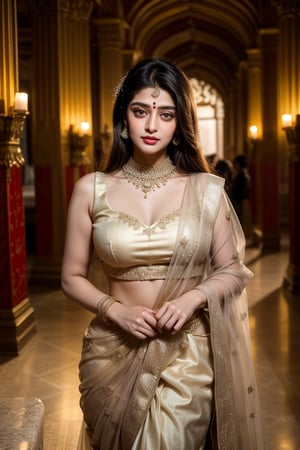 Golden hues illuminate the majestic halls of a bygone era as the Bollywood beauty stands majestically in a resplendent lehenga, its intricate embroidery shimmering like the stars above. Ornate neckpieces and bangles glinting with regal splendor, she poses imperiously against the ornate stone walls of the ancient palace, her confident gaze surveying the grandeur that surrounds her.