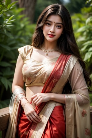 Beautiful young queen, long_hair, clear facial features, (in beautiful traditional Indian dress, sunny day, botanical garden, realistic, stunning, beauty, hot, sensual, luxury, royal, elegant 