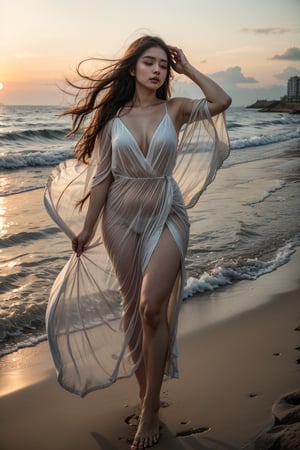 A serene scene unfolds as the woman stands poised on the waterfront's edge, her long, flowing hair whipping wildly in the gentle ocean breeze. Her softly glowing eyes shimmer like sunset hues, radiating a warm, peaceful aura. The sheer, flowing gown clings to her curvy figure like a misty veil, its diaphanous folds undulating with each subtle movement. Barefoot and unencumbered, she embodies freedom as the waves caress her toes, their gentle lapping creating a soothing melody that harmonizes with the whispers of the wind through her hair.