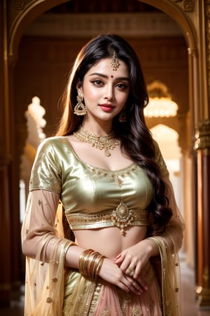 A grand, ornate palace with intricate stone carvings and lush greenery surrounds the majestic Bollywood actress, resplendent in a shimmering golden lehenga that catches the warm, soft light of sunset. Her regal pose is framed by ornate archways and lavish drapes, as she showcases her stunning ornate jewelry adorning her neck and hands, exuding confidence and elegance.