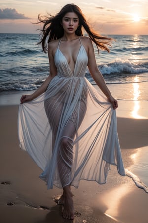 Generate hyper realistic image of a woman with long, flowing hair with a natural, windswept look. Eyes are softly glowing, reflecting the vibrant colors of the sunset. She is wearing a sheer, flowing gown. The gown flows around her like liquid, blending seamlessly with her curvy body. She is standing barefoot at the edge of the water with the waves gently lapping at her feet.