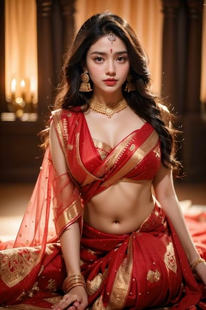 beautiful sexy young  indian queen, 30 year old, elegant, attractive ,long black hair, very detailed and sharp facial features and expressions, very detailed and shinning glossy eyes, very detailed full glossy lips, very detailed shinning hairs, detailed symmetrical perfect face, very detailed surrounding, perfect body anatomy, . Wearing sexy royal saree, her chest subtly emphasized, exuding confidence and grace, adorned with exquisite jewelry including dangling earrings, tiny crown , intricate paper cutting with layered textures and delicate patterns, --ar 16:9 --v 5,big breasts , Woman,nude,ootd,Enhance,T-90M,naked,BreastPit, saree,Nice legs and hot body ,Sareewithoutblouse, OnlySaree