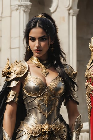 A stunning Middle Eastern supermodel, 22 years old, stands tall in a full-body view, her long black hair tied back in a sleek ponytail. Her beautiful face glows with a warm, golden light as she holds an ancient sword in pristine condition. The hilt and guard shine with intricate engravings, while the blade reflects the soft glow of the fire, casting a warm ambiance on the scene. The camera captures her curvy figure, accentuating her big breasts and heavy bust, set against a deep depth of field, where every detail is rendered in ultra-realistic fantasy.