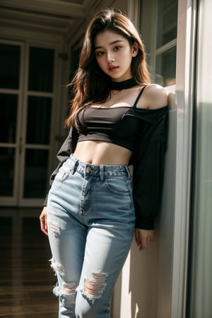 Realistic, Photorealistic: 1.37), Oversized denim jacket with a black crop top and high-waisted jeans, completed with chunky black boots , K-Pop idol, standing and looking at the viewer, ((highest quality)), ((intricate details)), ((realistic)), absurd resolution, 18 years old, young , sexy woman, point view, highly detailed photo, one girl, medium breasted, perfect hands, detailed fingers, beautifully detailed eyes, medium long hair, brown eyes, Detailed indoor background, perfect eyes, enchanting eyes, looking. Viewed from the front