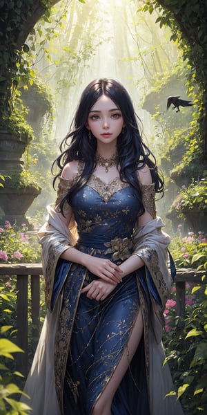 A serene portrait of a woman with raven hair and peaceful expression stands on an enchanted bridge, amidst vines and flowers, spanning a sparkling river. She wears a flowing gown, surrounded by a mystical forest where magic infuses the air. The soft lighting casts a warm glow, highlighting her tranquil pose as she gazes out into the dreamlike landscape.