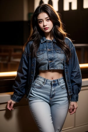 Realistic, Photorealistic: 1.37), Oversized denim jacket with a black crop top and high-waisted jeans, completed with chunky black boots , K-Pop idol, standing and looking at the viewer, ((highest quality)), ((intricate details)), ((realistic)), absurd resolution, 18 years old, young , sexy woman, point view, highly detailed photo, one girl, medium breasted, perfect hands, detailed fingers, beautifully detailed eyes, medium long hair, brown eyes, Detailed indoor background, perfect eyes, enchanting eyes, looking. Viewed from the front