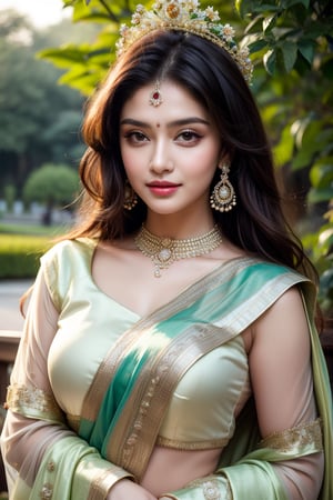 Beautiful young queen, long_hair, clear facial features, (in beautiful traditional Indian dress, sunny day, botanical garden, realistic, stunning, beauty, hot, sensual, luxury, royal, elegant 