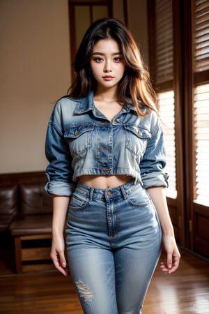 Realistic, Photorealistic: 1.37), Oversized denim jacket with a black crop top and high-waisted jeans, completed with chunky black boots , K-Pop idol, standing and looking at the viewer, ((highest quality)), ((intricate details)), ((realistic)), absurd resolution, 18 years old, young , sexy woman, point view, highly detailed photo, one girl, medium breasted, perfect hands, detailed fingers, beautifully detailed eyes, medium long hair, brown eyes, Detailed indoor background, perfect eyes, enchanting eyes, looking. Viewed from the front