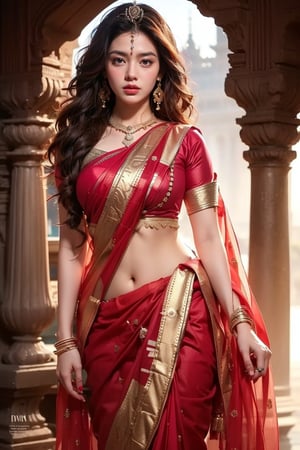 A stunning Indian queen, 30 years young with elegant features, stands confidently in a majestic setting.  long, raven-black hair  framing her flawless face. Sharp cheekbones and defined jawline accentuate her facial structure, while her eyes sparkle like polished gemstones. Luscious, full lips curve into a sultry smile, inviting the viewer's gaze. A breathtaking saree, its intricate patterns and textures shimmering in the soft light, hugs her curves, subtly emphasizing her chest. Exquisite jewelry adorns her neck, ears, and head, including a tiny crown and dangling earrings that catch the eye. Her perfect body anatomy is on full display, with toned legs and a hot physique. The camera captures her from a 16:9 aspect ratio, showcasing every detail of this breathtaking beauty, as if she's emerging from a T-90M-inspired mist.,Sareewithoutblouse