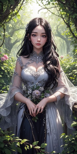 A serene portrait of a woman with raven hair and peaceful expression stands on an enchanted bridge, amidst vines and flowers, spanning a sparkling river. She wears a flowing gown, surrounded by a mystical forest where magic infuses the air. The soft lighting casts a warm glow, highlighting her tranquil pose as she gazes out into the dreamlike landscape.