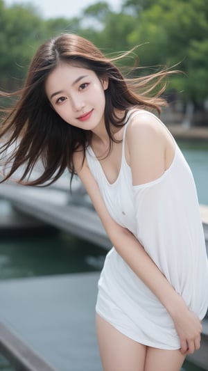girl 1, ultra high definition, wind blowing hair, brown eyes, brown hair, delicate facial features, eye smile, {{{masterpiece}}}, {{highest quality}}, high resolution, high definition, natural movements of everyday life, dockside, pose, dark blue,Soojin ,