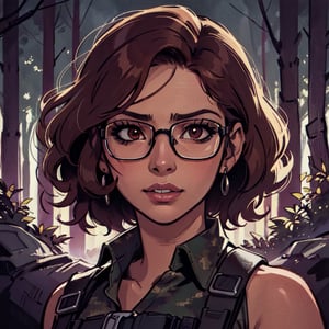 score_7_up, score_8_up, score_9, high quality, high detail, high resolution, masterpiece, illustration, cell shaded art, (latin american, Latina face, (1girl)), tan skin, dark brown curly shoulder length hair, glasses, (sci-fi contract mercenary, modern Military setting), detailed dark forest background, soft light, mid shot, fine details, vibrant colors, exquisite lighting and composition, 8k, comic cartoon