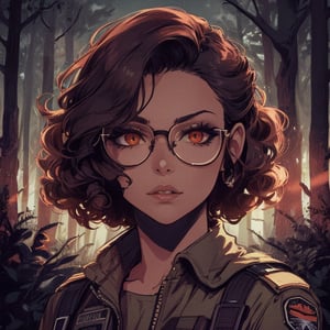 score_7_up, score_8_up, score_9, high quality, high detail, high resolution, masterpiece, illustration, cell shaded art, (latin american, Latina face, (1girl)), tan skin, dark brown ((curly)) shoulder length hair, glasses, (sci-fi contract mercenary, modern Military setting), detailed dark forest background, soft light, mid shot, fine details, vibrant colors, exquisite lighting and composition, 8k, comic cartoon