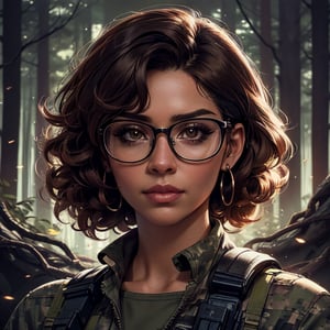 score_7_up, score_8_up, score_9, high quality, high detail, high resolution, masterpiece, illustration, cell shaded art, (latin american, Latina face, (1girl)), tan skin, dark brown ((curly)) shoulder length hair, glasses, (sci-fi contract mercenary, modern Military setting), detailed dark forest background, soft light, mid shot, fine details, vibrant colors, exquisite lighting and composition, 8k, comic cartoon